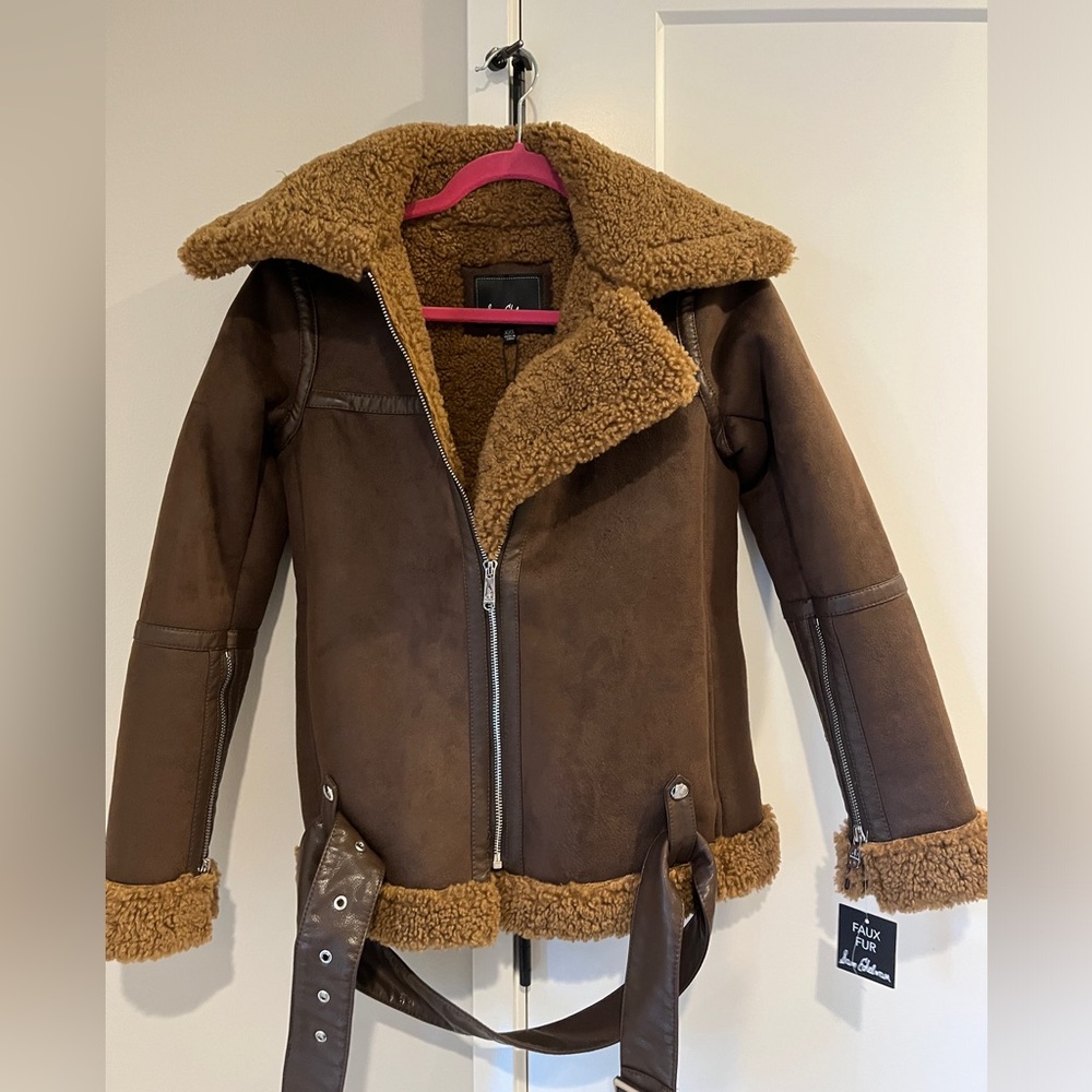 Sam Edelman Faux Shearling Moto Jacket WOMENS XXS XXSMALL BROWN NEW